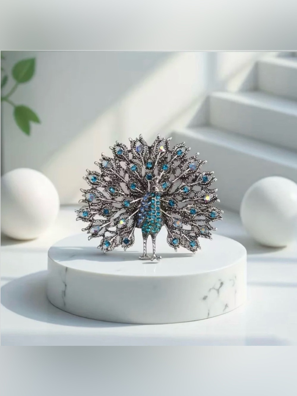 Peacock Rhinestone Encrusted Brooch Modern New Silver Tone